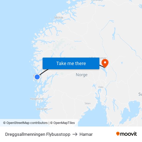 Dreggsallmenningen Flybusstopp to Hamar map
