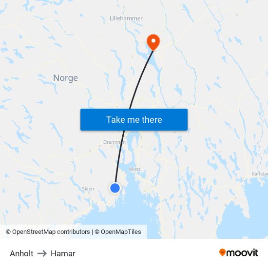 Anholt to Hamar map