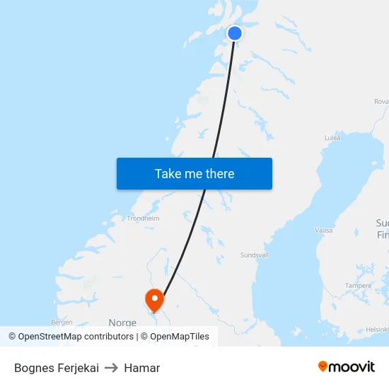 Bognes Ferjekai to Hamar map
