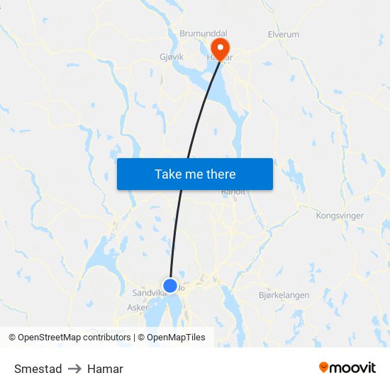 Smestad to Hamar map