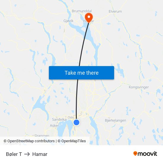 Bøler T to Hamar map