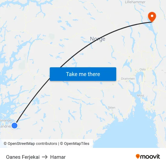 Oanes Ferjekai to Hamar map