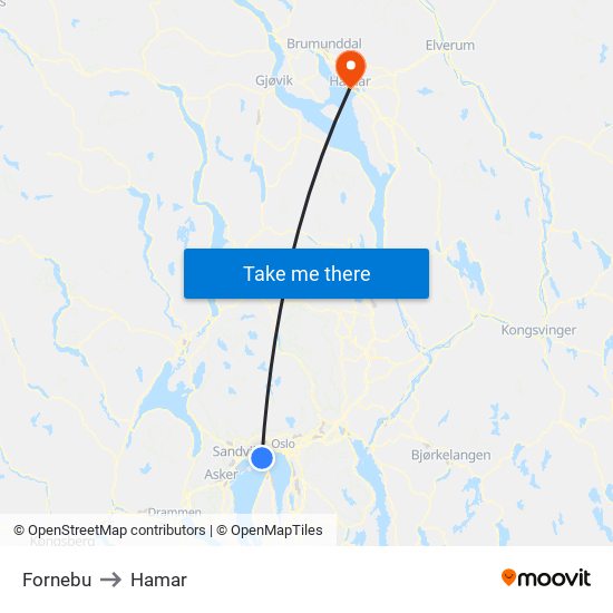 Fornebu to Hamar map