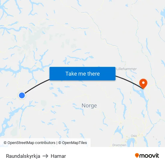 Raundalskyrkja to Hamar map