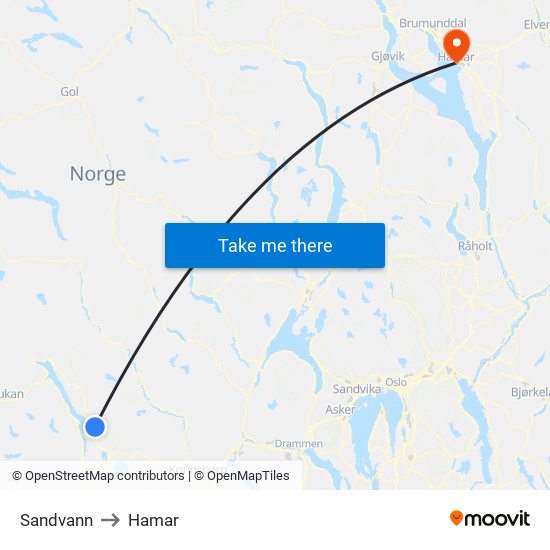 Sandvann to Hamar map