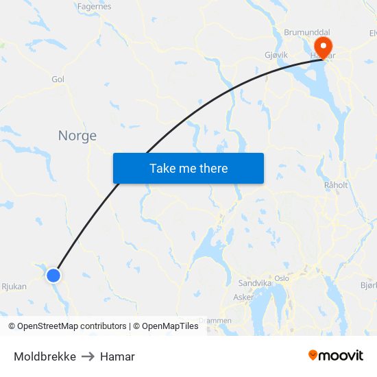 Moldbrekke to Hamar map