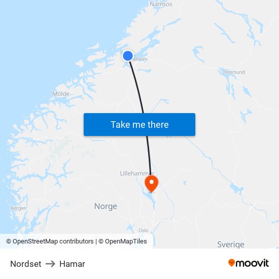 Nordset to Hamar map