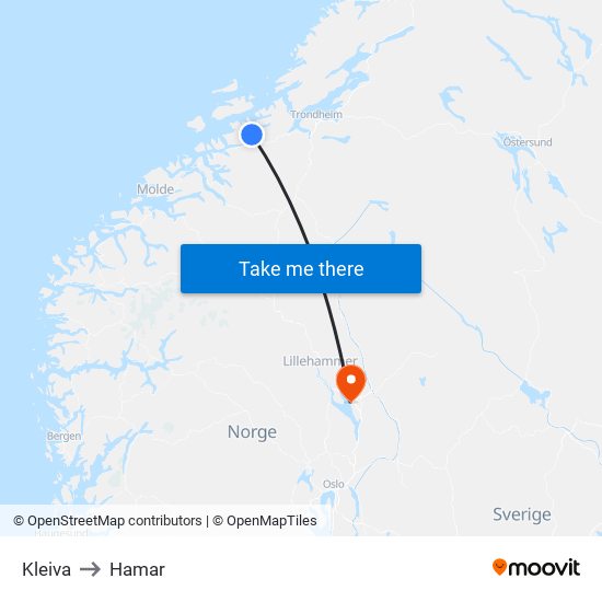 Kleiva to Hamar map