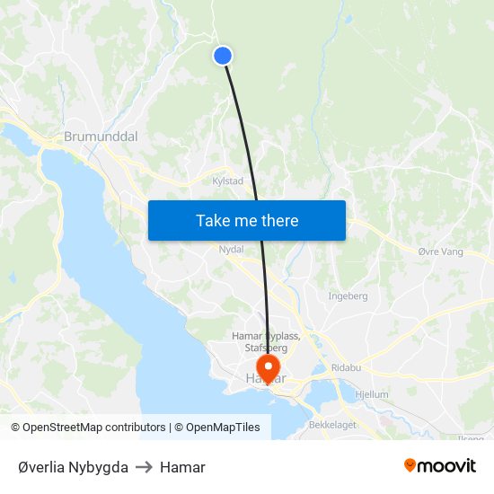 Øverlia Nybygda to Hamar map