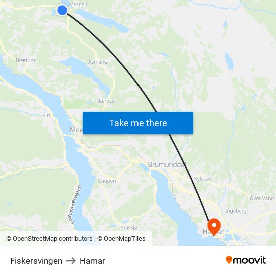 Fiskersvingen to Hamar map