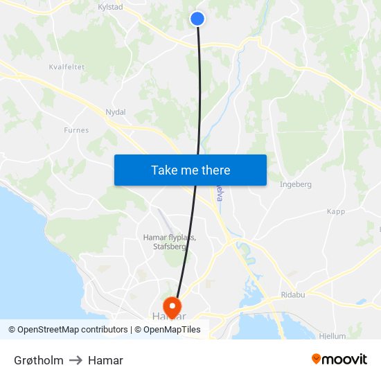 Grøtholm to Hamar map