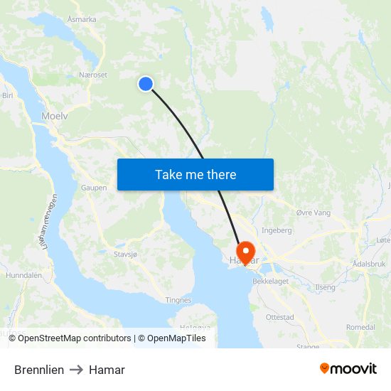 Brennlien to Hamar map