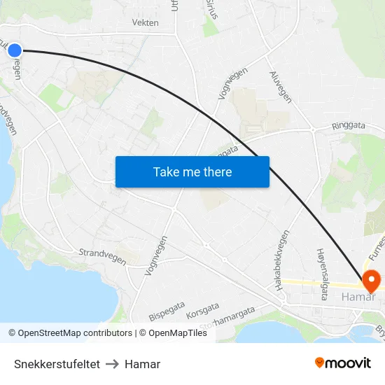 Snekkerstufeltet to Hamar map