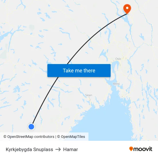 Kyrkjebygda Snuplass to Hamar map