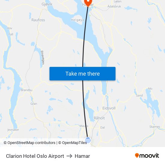 Clarion Hotel Oslo Airport to Hamar map