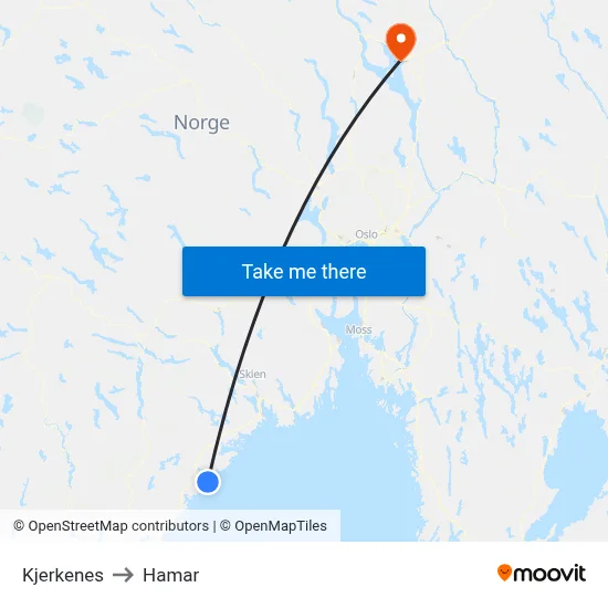 Kjerkenes to Hamar map