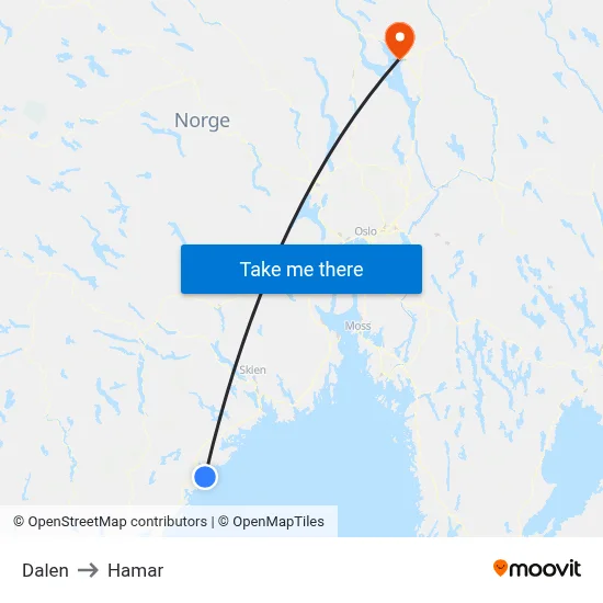 Dalen to Hamar map