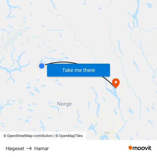 Høgeset to Hamar map