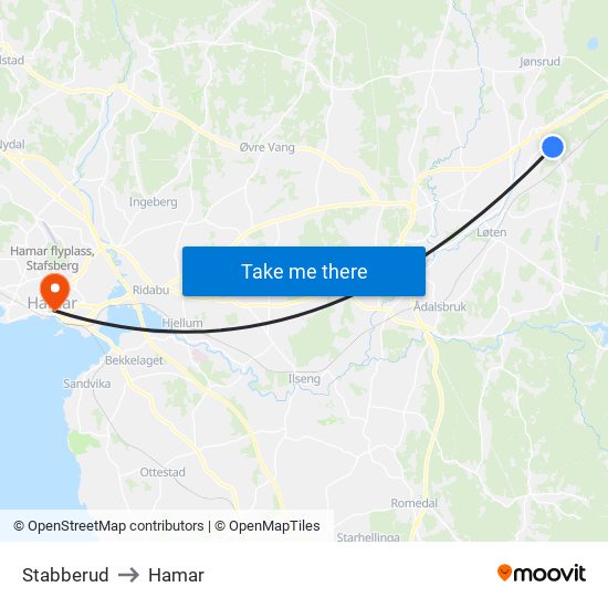 Stabberud to Hamar map
