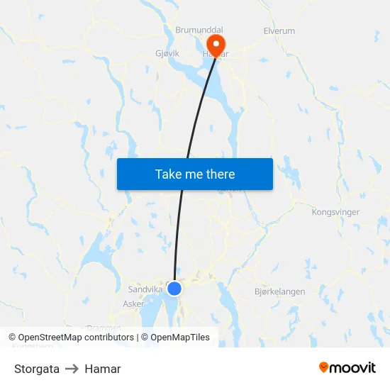 Storgata to Hamar map