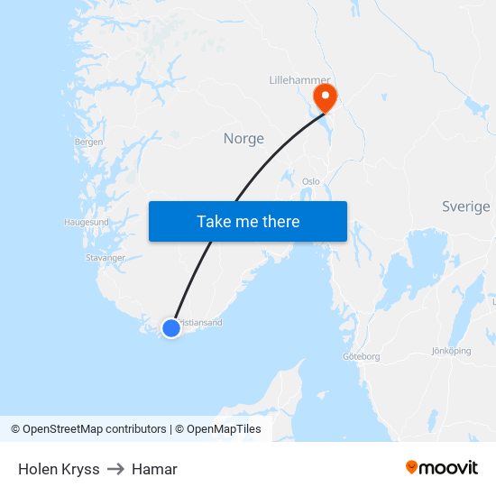 Holen Kryss to Hamar map