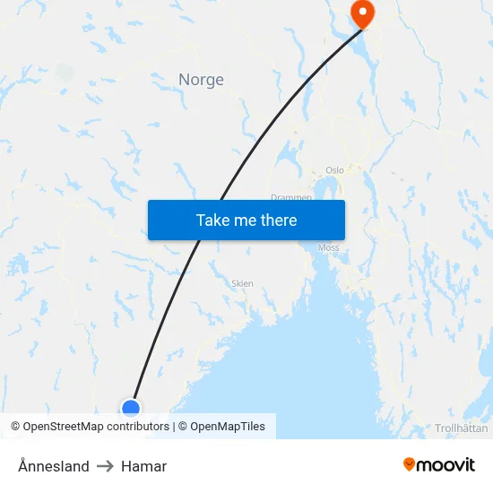 Ånnesland to Hamar map