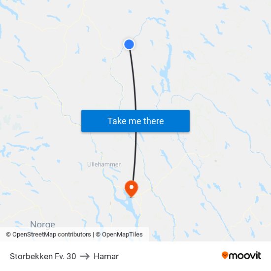 Storbekken Fv. 30 to Hamar map