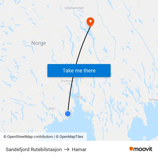 Sandefjord Rutebilstasjon to Hamar map