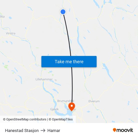 Hanestad Stasjon to Hamar map