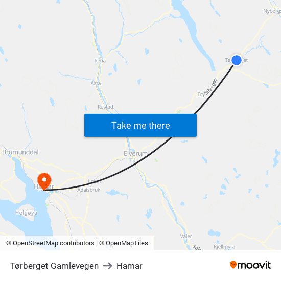 Tørberget Gamlevegen to Hamar map