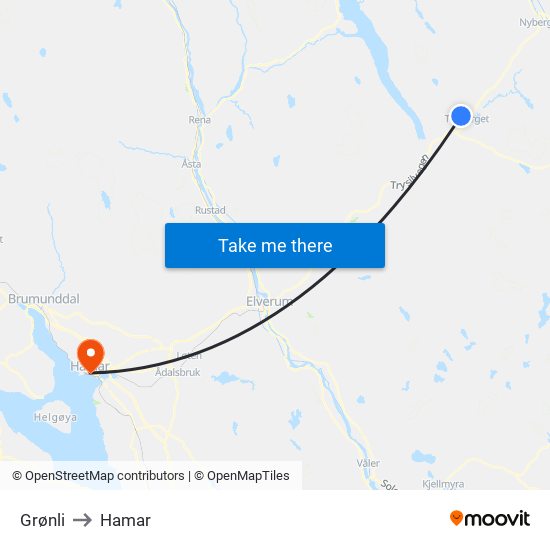 Grønli to Hamar map