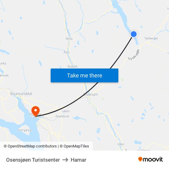 Osensjøen Turistsenter to Hamar map