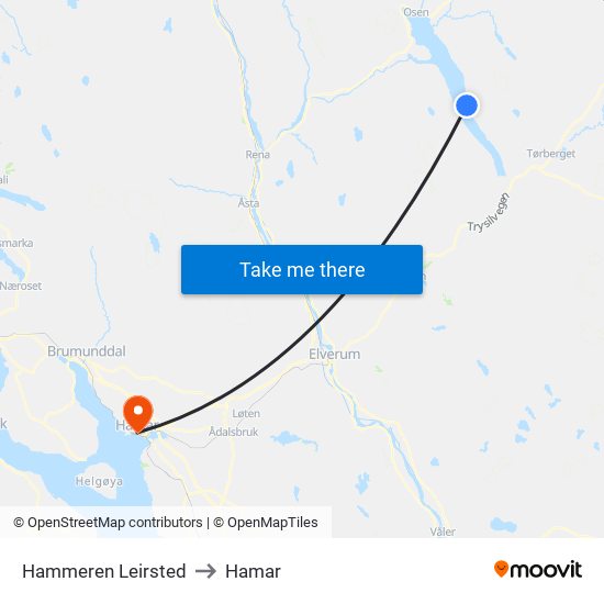 Hammeren Leirsted to Hamar map