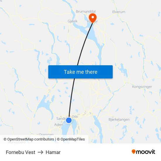 Fornebu Vest to Hamar map