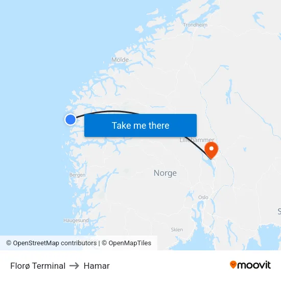Florø Terminal to Hamar map