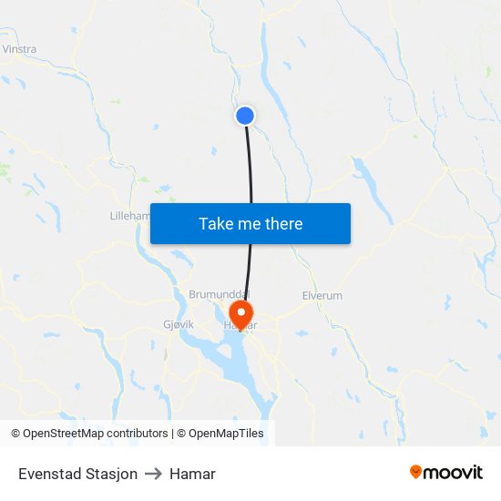 Evenstad Stasjon to Hamar map