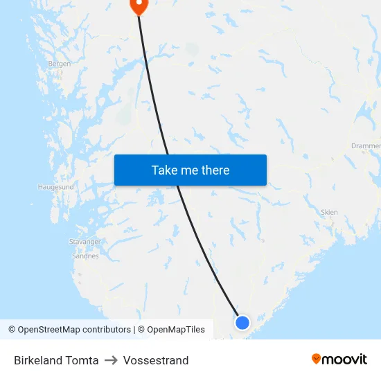Birkeland Tomta to Vossestrand map