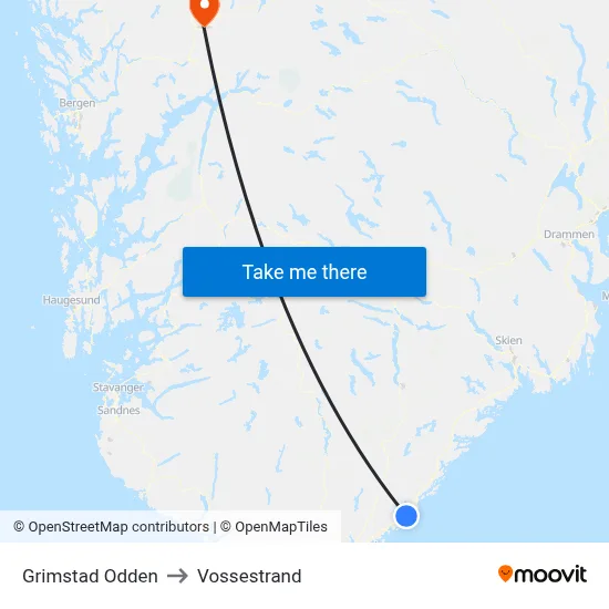 Grimstad Odden to Vossestrand map