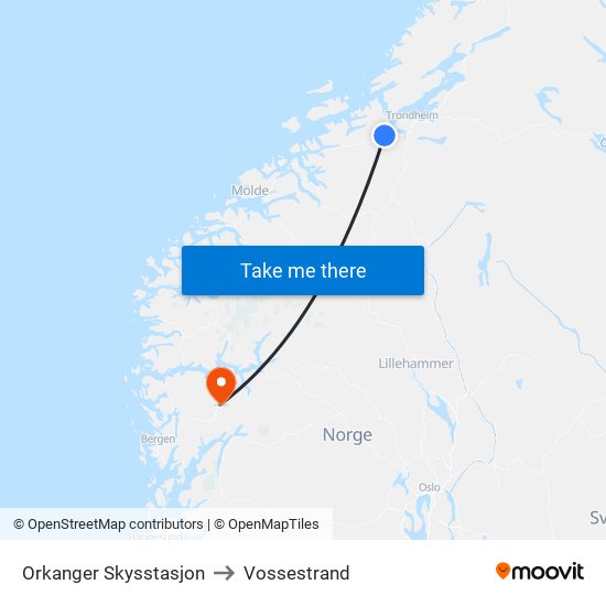 Orkanger Skysstasjon to Vossestrand map