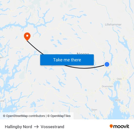 Hallingby Nord to Vossestrand map