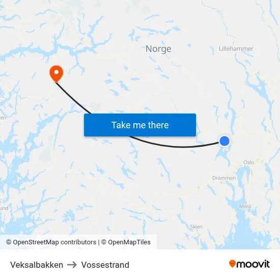 Veksalbakken to Vossestrand map