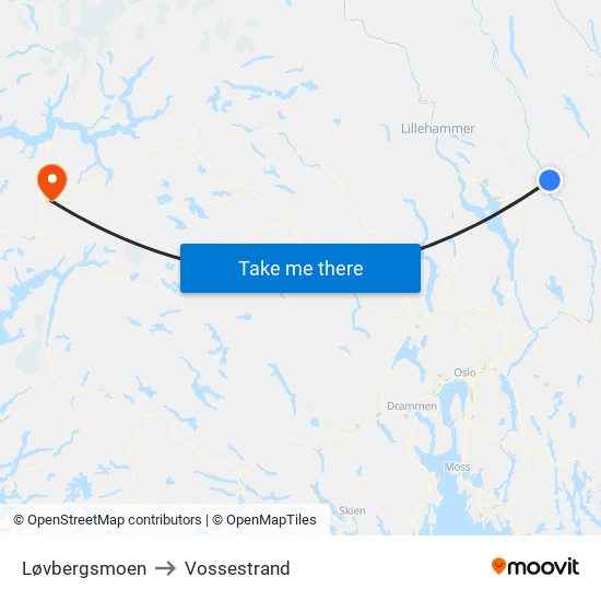 Løvbergsmoen to Vossestrand map