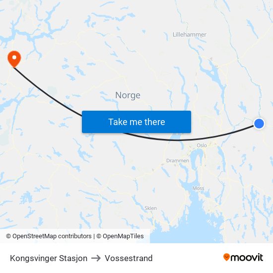 Kongsvinger Stasjon to Vossestrand map