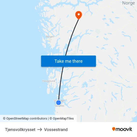 Tjensvollkrysset to Vossestrand map