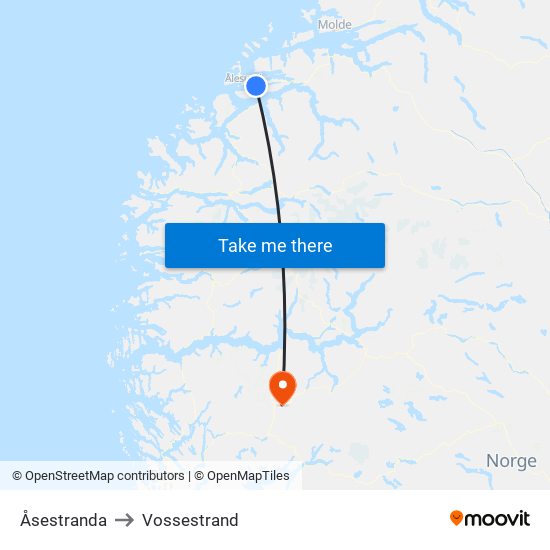 Åsestranda to Vossestrand map