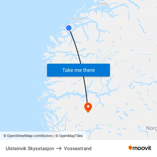 Ulsteinvik Skysstasjon to Vossestrand map