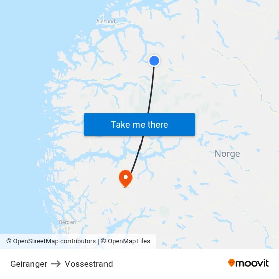 Geiranger to Vossestrand map