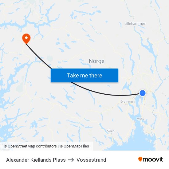 Alexander Kiellands Plass to Vossestrand map