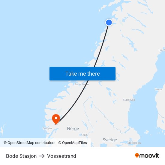 Bodø Stasjon to Vossestrand map