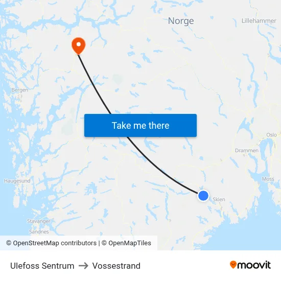 Ulefoss Sentrum to Vossestrand map